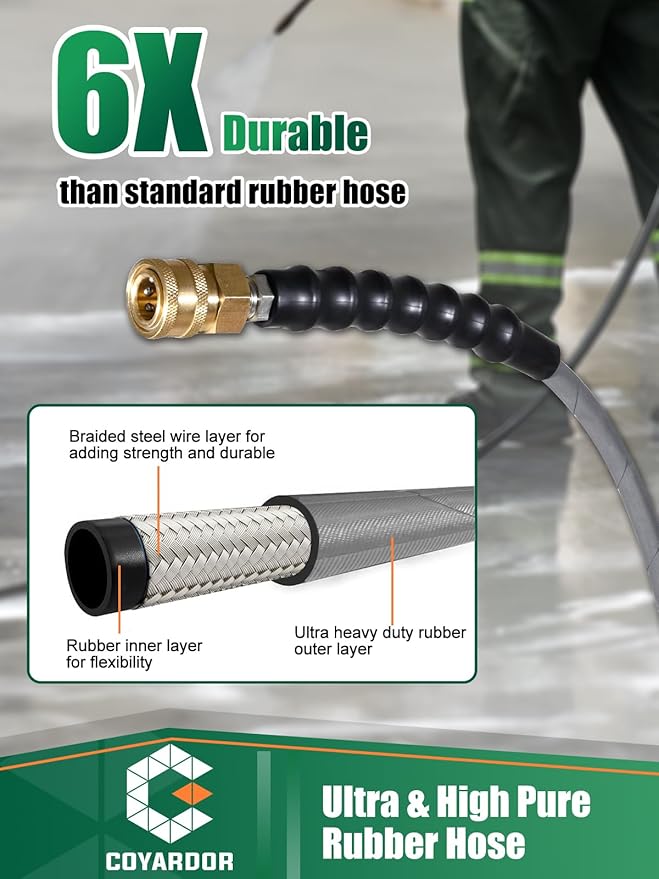 1/4” Pressure Washer Hose 35 FT 4500 PSI, Steel Braided Layer & NonMarking Rubber for Hot/Cold Water High Power Washer Replacement With Quick Connect & M22 Fitting, Industrial-grade