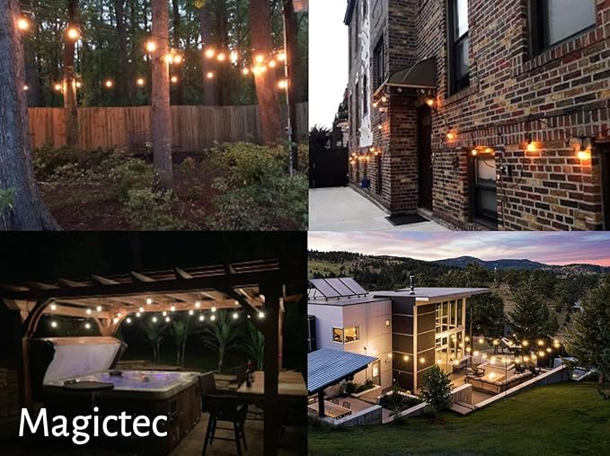 Magictec LED Shatterproof String Lights Commercial Grade with 15 Hanging Sockets 48 Ft Black Outdoor Weatherproof Cord Strand for Patio Garden Porch Backyard Bistro Gazebo Party Deck Yard