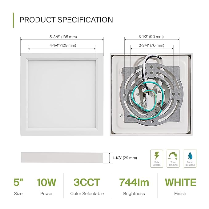 ASD LED 5" Square Flush Mount Light | 10W 740LM 3000-5000K 120V | 3CCT, Dimmable, Ultra Slim, ETL Listed | Thin Surface Lamp, Bedroom Ceiling Lighting | White, 6 Pack