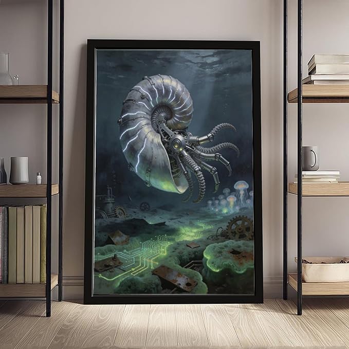 Framed Steampunk Mechanical Nautilus Wall Art - Underwater Industrial Poster for Man Cave Studio Decor 08x12in