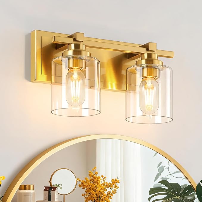 2 Light Modern Bathroom Light Fixtures Over Mirror, Brass Finish Vanity Lights for Bathroom Wall Sconces with Clear Glass Shades, E26 Socket (Bulbs Not Included)