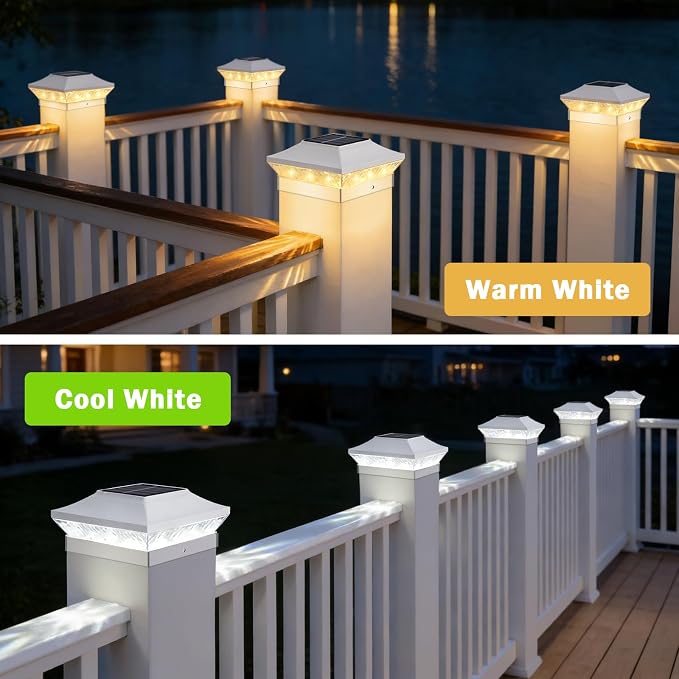 Brightever 3.5x3.5 4x4 Solar Post Cap Lights Outdoor, 6-Pack Solar Fence Post Lights for Wooden/Vinyl Posts, 2 Modes (Warm/Cool White), Solar Powered Waterproof Deck Post Lights for Patio Porch, White