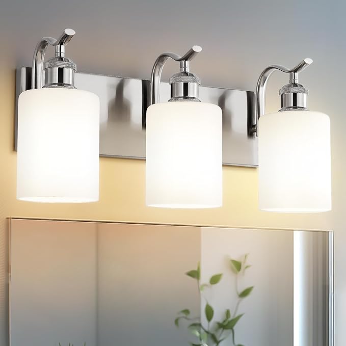 Milk Glass Bathroom Light, 3-Light Vanity Light Fixture, Brushed Nickel Wall Sconce, VL01BNW-3