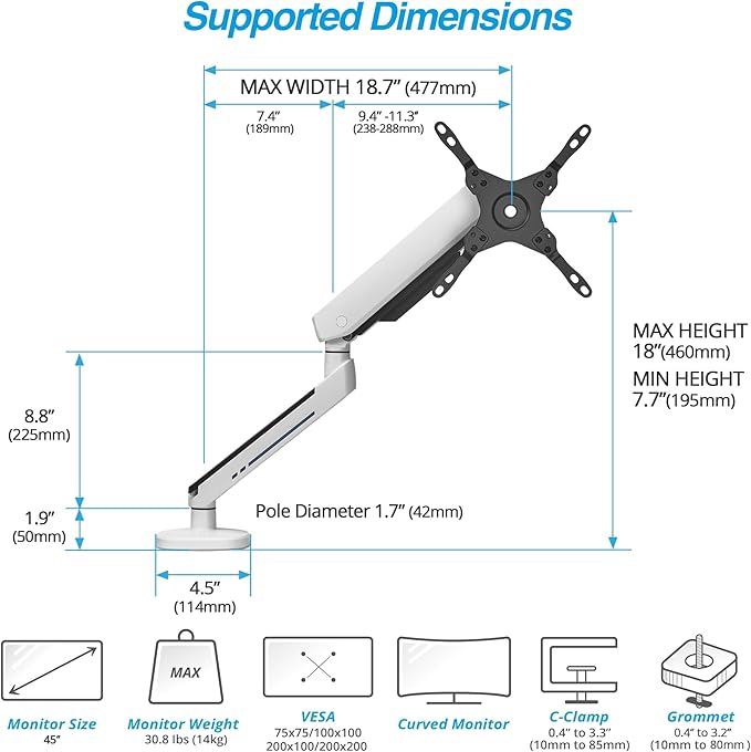 AVLT Single 27”-45” RGB Gaming Monitor Arm Desk Mount Built-in 20 Lighting Modes Touch Button Control Fits Flat/Curved/Ultrawide Screens Height Swivel Tilt Rotation Adjustable Stand -White