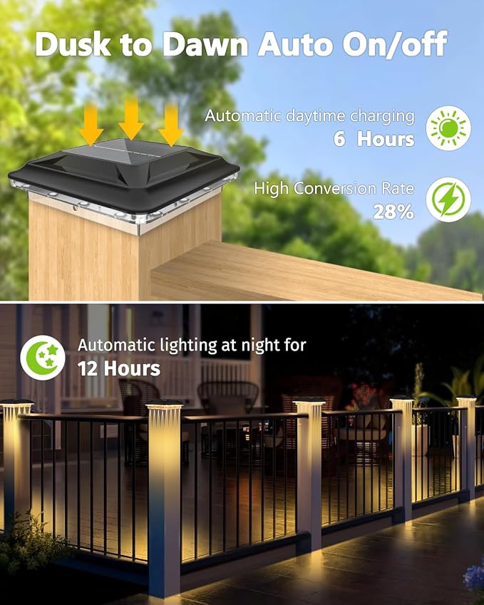 Solar Post Cap Lights 8 Pack Upgraded 16LED Spot Lens Outdoor Waterproof Post Light 3-Color Modes Warm & Cool & Neutral White Solar Light Fit for 4x4 3.5x3.5 Vinyl and Wooden Dock Fence Deck Posts