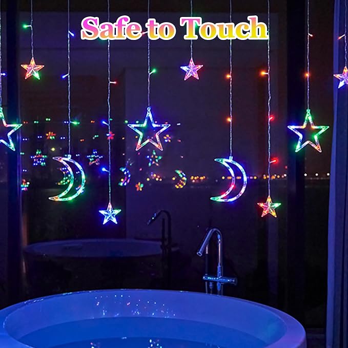 Star Moon Curtain Lights 11.5ft Remote Control LED Fairy Light Strings, 8 Flashing Modes Waterproof Decorative Lights for Garden, Christmas, Wedding, Party, Bedroom Decorations(Multicolored)