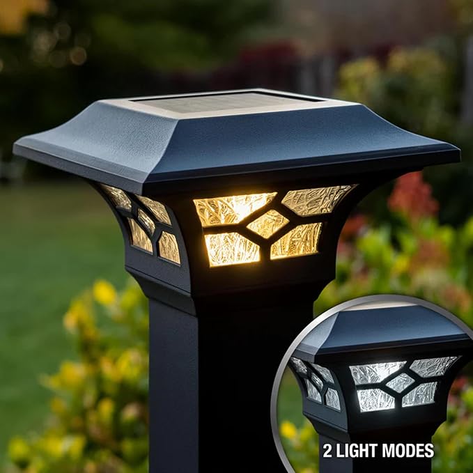 Classy Caps Kingston Solar Post Cap - Fits 2"x2", 2.5"x2.5" and 3"x3" Fence & Deck Posts - Black Cast Aluminum - Warm/Cool Light Color Modes - Heavy-Duty, Real Glass - Mod. SLZ332B