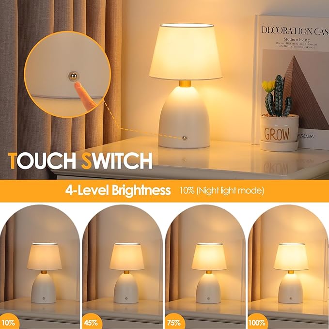 GGOYING Cordless Table Lamp Set of 2, 5400mAh Rechargeable Battery Powered Desk Lamp, 4-Level Brightness Dimmable Bedside Night Light for Bedroom Camping Balcony, White