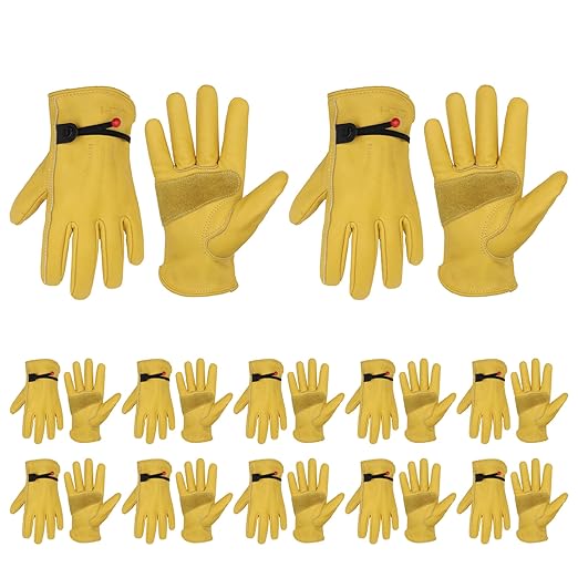 HLDD HANDLANDY 12 Pairs Cowhide Leather Work Gloves with Reinforced Palm for Men & Women (Yellow-12pairs, Medium (Pack of 12))