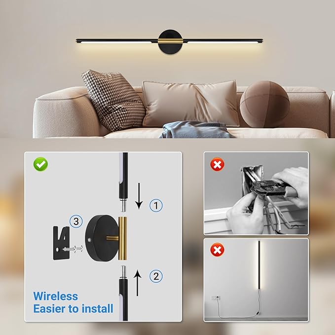 TaoFiaCo Battery Operated Wall Sconces, 360°Rotate Wireless Rechargeable Wall Sconces with Remote Control, Black Gold, Dimmable, Timing Decor Lights for Bedroom Hallway, 31.5 Inch 1 Pack