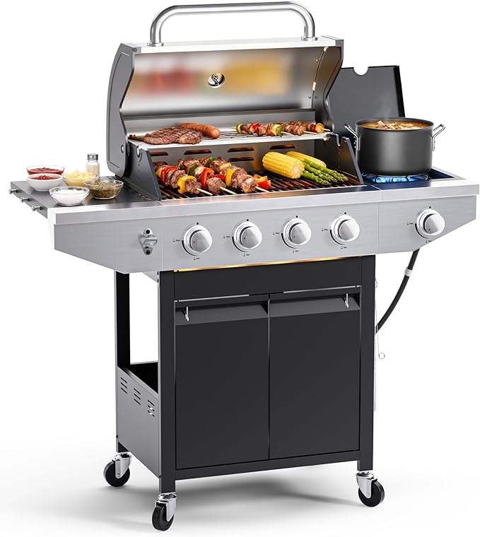 4-Burner Propane Gas BBQ Grill with Side Burner, 46,500 BTU Output Stainless Steel Barbecue Grill with Enameled Cast Iron Grates and Side Tables for Outdoor Cooking Kitchen and Patio Backyard