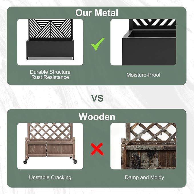 Metal Raised Garden Beds with Privacy Screen for Outdoor Plants, Planter Box with Trellis & Wheels, Flower Boxes with Drainage Holes (35" L×16" W×71" H, Black Zodiac)