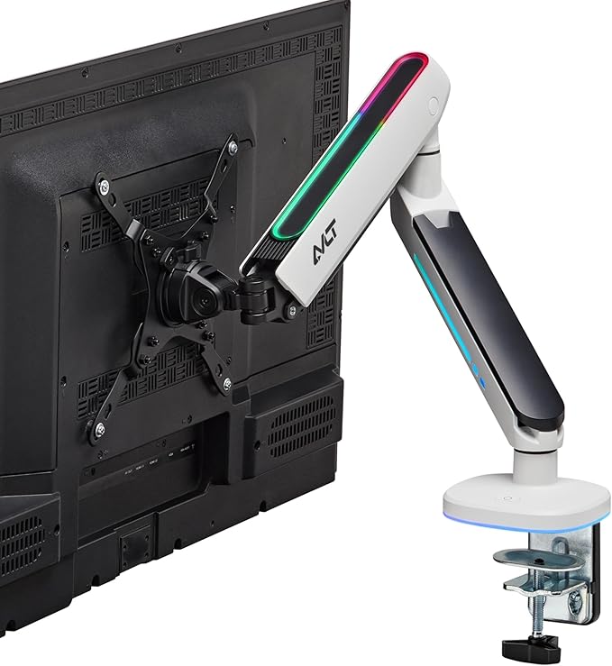 AVLT Single 27”-45” RGB Gaming Monitor Arm Desk Mount Built-in 20 Lighting Modes Touch Button Control Fits Flat/Curved/Ultrawide Screens Height Swivel Tilt Rotation Adjustable Stand -White