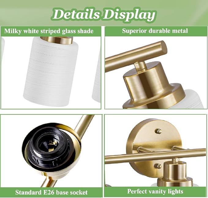 3-Light Bathroom Light Fixtures, Vanity Lights for Mirror with Textured Milky White Glass Shade, Modern Kitchen Light Fixtures Wall Sconce Light - E26 Base - Brushed Gold