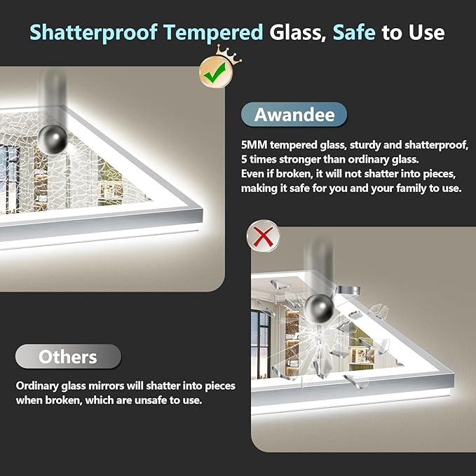 77x36 Brushed Nickel LED Bathroom Mirror with Lights, Sliver Framed Backlit and Front Lit Anti-Fog Lighted Vanity Mirrors for Bathroom Wall, Dimmable, 3 Colors, Memory, Tempered Glass, CRI＞90