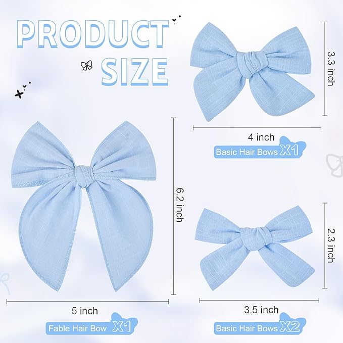 DEEKA 4 PCS Blue Cotton Linen Hair Bows 3 Styles 5" & 4" Handmade Hair Bow set for Toddler Girls Alligator Hair Clips Knot Bows Hair Accessories for Little School Girls (Blue)
