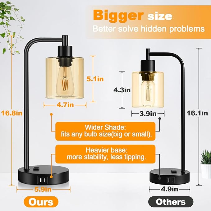 Set of 2 Industrial Touch Control Table Lamps with 2 USB Ports and AC Outlet - 3-Way Dimmable Black Bedside Lamp Nightstand Desk Lamps for Bedroom Living Room, Amber Glass Shade & 2 LED Bulbs Included