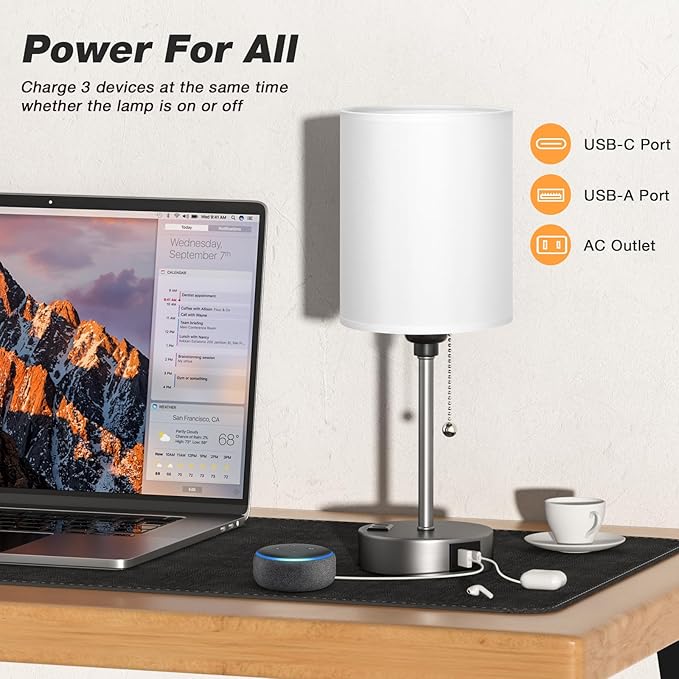 White Bedside Lamp for Bedroom - 3 Color Temperatures Desk Lamp with USB C and A Ports, Pull Chain Table Lamp with AC Outlet, Nightstand Lamp with Silver Metal Base for Kids Girls