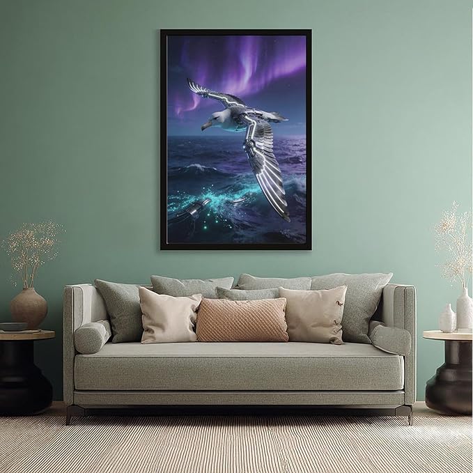 Framed Steampunk Mechanical Seagull Wall Art - Aurora Ocean Retro Poster for Bedroom Game Room Decor 12x18in
