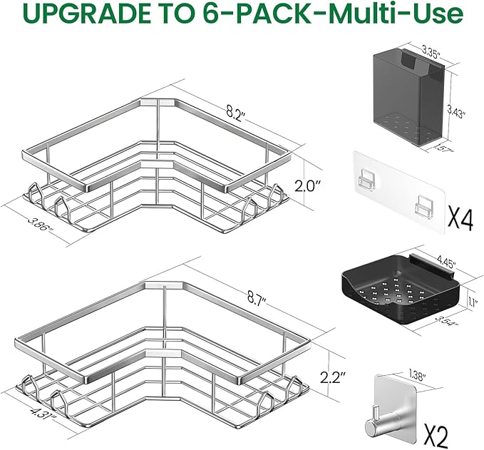 Adhesive Shower Caddy, 6 Pack Corner Bath Organizer, Rustproof Stainless Steel Shower Shelves with Large Capacity, No Drilling Shelves for Bathroom Storage, Home, Kitchen Decor (Silver).