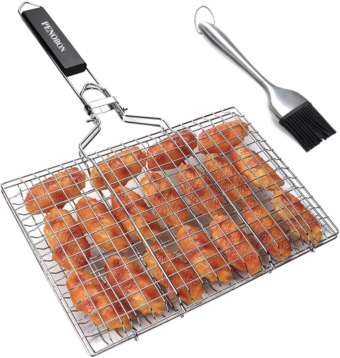 Fish Grilling Basket, Folding Portable Stainless Steel BBQ Grill Basket for Fish Vegetables Shrimp with Removable Handle, Come with Basting Brush and Storage Bag