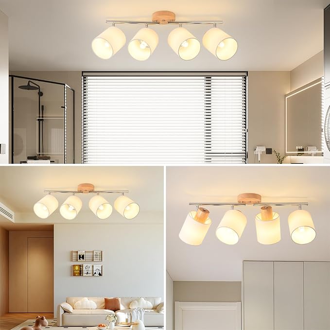 LED 4 Light Track Lighting Kit, Wooden Ceiling Spotlights with Fabric Shades, Modern Track Light Fixture with Flexibly Rotatable Light Heads for Kitchen, Living Room, Bedroom(E26 Socket, NO Bulb)