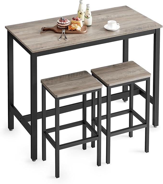 VASAGLE Bar Table and Chairs Set, Rectangular Table with 2 Stools, Dining Pub Set for 2, Space Saving for Kitchen Breakfast, Living Room, Party Room, Greige and Black ULBT015B02
