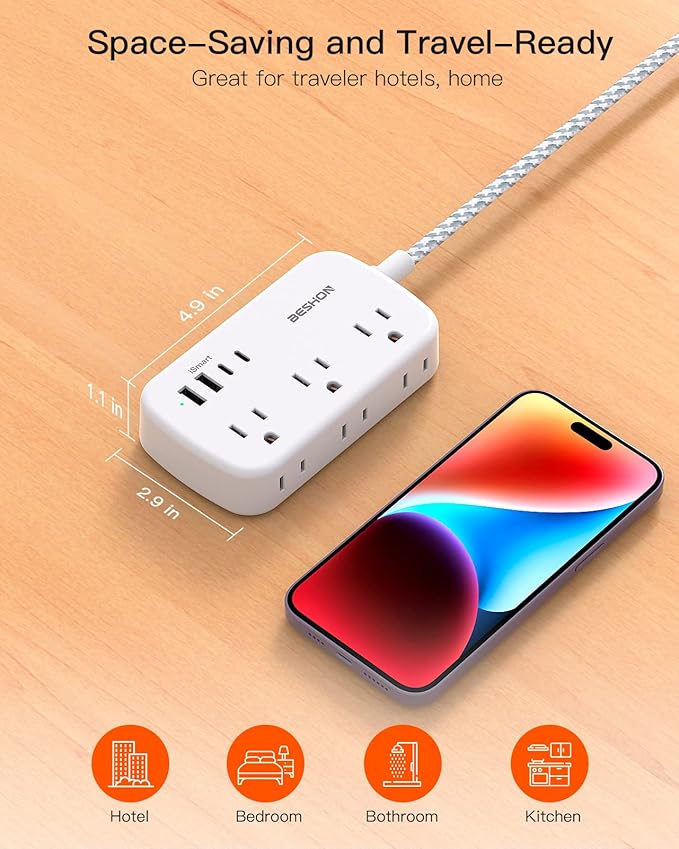 Extension Cord 25 Ft, Flat Plug Power Strip with 6 Outlets with 4 USB Ports(2 USB C), Wall Mount Charging Station, No Surge Protector for Home Office College Dorm Room Travel Essentials