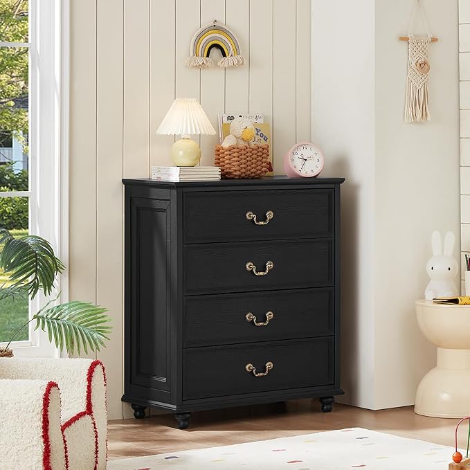 Farmhouse 4 Drawer Dresser Set of 2 for Bedroom, 37" Tall Rustic Chests of Drawers w/ 4 Solid Wood Feet, Mid Century Vintage Wooden Closet Storage Dressers Organizer for Living Room, Black