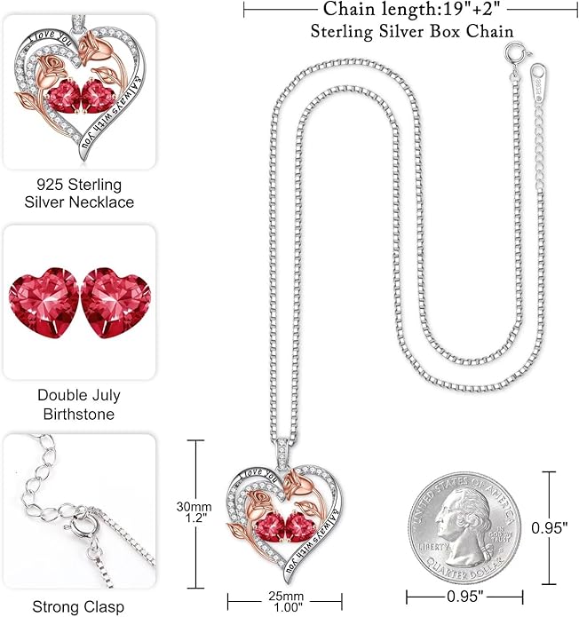 Iefil Christmas Gifts for Women Wife - 925 Sterling Silver Rose Heart Birthstone Necklace Birthday Anniversary Jewelry Gifts for Her Wife Mom Daughter