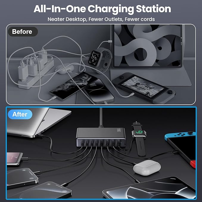 200W USB C Charger Block,GaN IV Charging Station 8 Ports,QC4.0 Fast Charging Station Hub+PD 65W USB C Laptop Charger Adapter Compatible with MacBook Air/Pro,DELL,iPhone 17/16/15,iPad,Steam Deck-Black