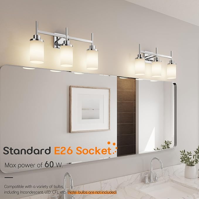 Bathrom Light Fixtures Polished Chrome 3 Vanity Lights with White Frosted Glass Shade, Wall Lamps Over Mirror for Bath Washroom Bedrom T001CH-L3