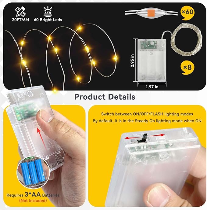 LitHome 8 Pack Warm White Fairy Lights Battery Operated, 20 FT 60 LED Twinkle Lights Battery Operated 2 Modes, Waterproof Led Fairy String Light for Indoor Outdoor Christmas Wedding Bedroom Decor