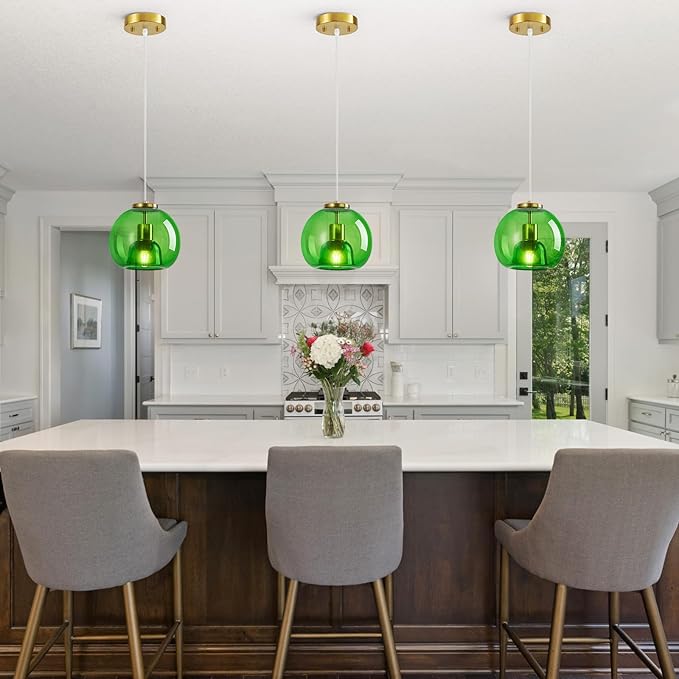 Green Glass Pendant Lights Kitchen Island Gold Hanging Light Fixture Glass Globe Pendant Light Modern Pendant Lighting for Kitchen Island Bedroom Dining Room (7.87", 2 Pack)