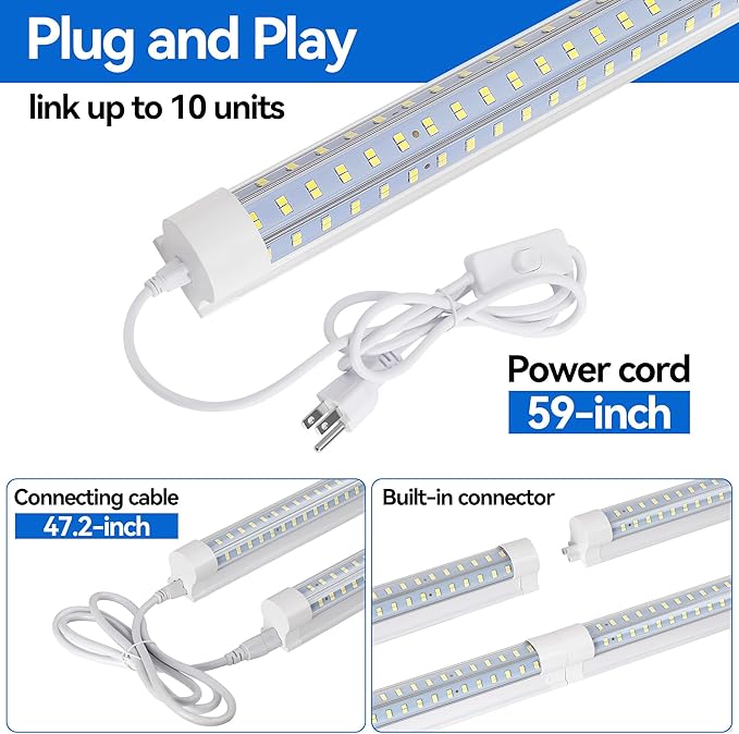 6-Pack 4FT LED Shop Light, 70W Ultra Bright, 10,000LM, U-Shaped T8 Integrated Tube Light, 6500K Linkable, Built-in connector, Surface Mount Plug & Play LED Ceiling Light for Garage, Workshop, Basement