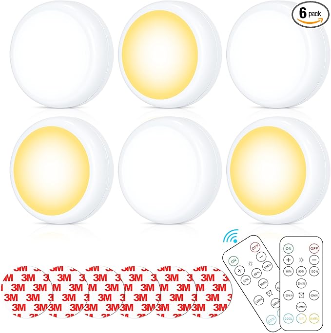 Battery Operated Puck Litghts with Remote Warm Natual Cool White Three Color Wireless Under Cabinet Lighting Push Lights Stick On Tap Lights with Dimmer & Timmer for Bedroom, Closet