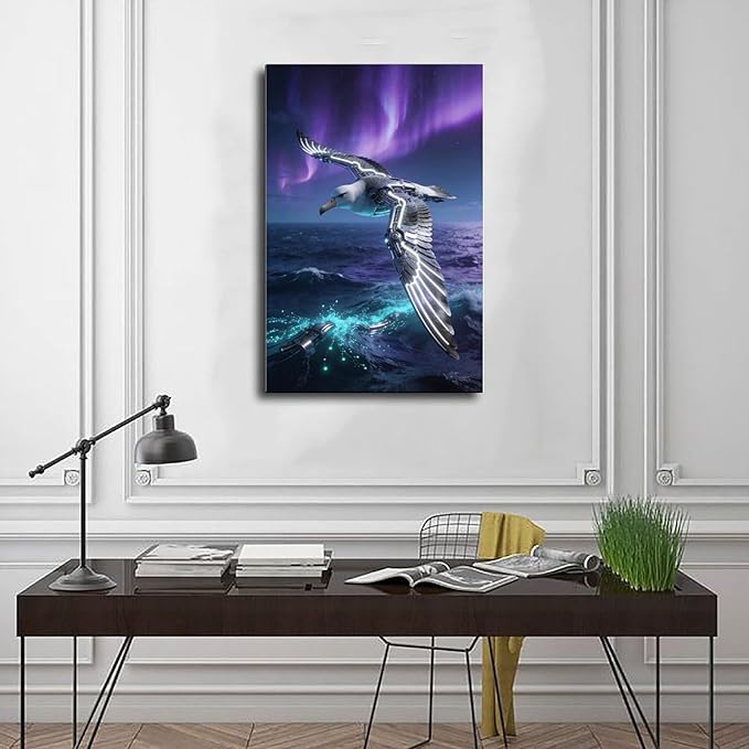 Framed Steampunk Mechanical Seagull Wall Art - Aurora Ocean Retro Poster for Bedroom Game Room Decor 20x30inch(50x75cm)