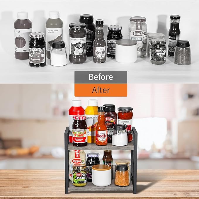 Giikin Countertop Shelf Organizer, 2 Tier Kitchen Spice Rack Organizer for Countertop, Wood Coffee Counter Shelf Organizer for Home (Grey, S)