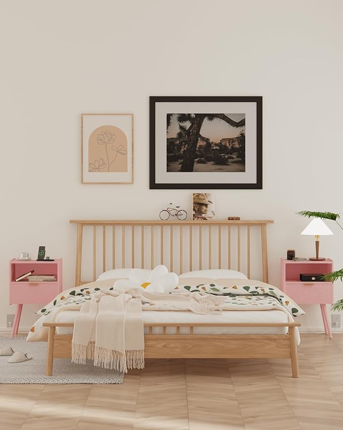 Nightstand,Modern Bedside Table with Storage Drawer and Open Wood Shelf, Accent Night Stand with Solid Wood Legs for Living Room, Bedroom and Small Spaces,Easy Assembly (Pink-Outlet)