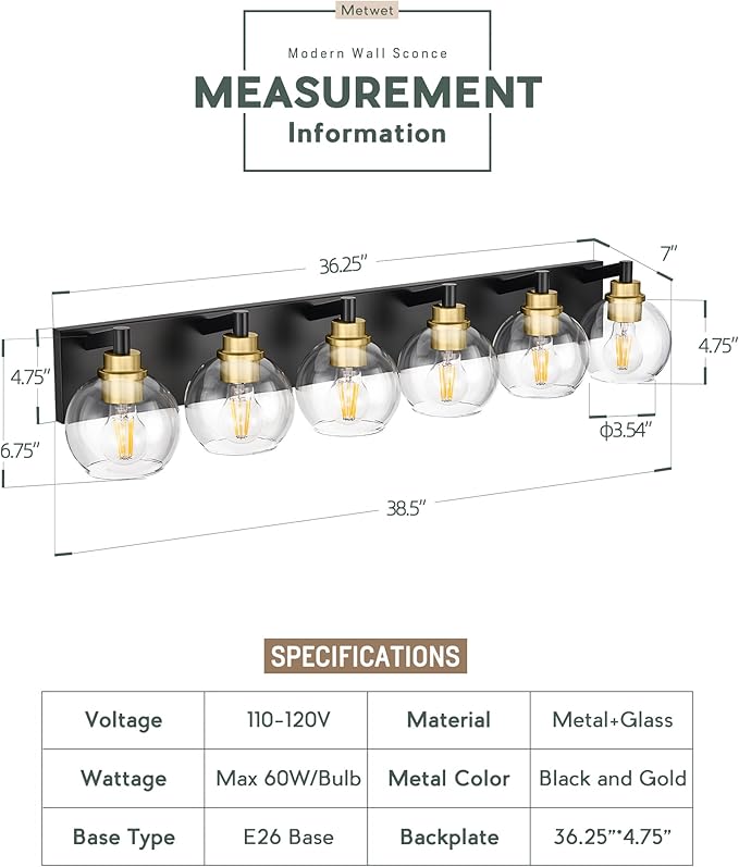 Bathroom Light Fixtures, 6-Light Black and Gold Bathroom Vanity Light, 38 Inch Modern Wall Sconces with Globe Clear Glass Shade, Vanity Lighting Fixtures Over Mirror, VL195-KG-6