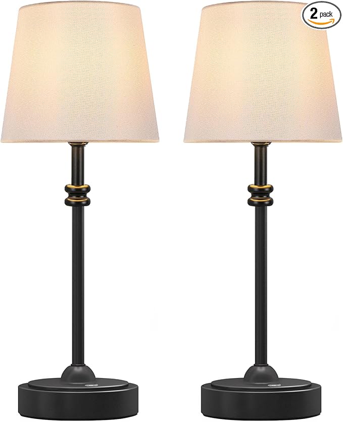 ONEWISH Cordless Table Lamps Set of 2 - Battery Powered Lamp, 4000mAh Rechargeable, Stepless Dimmable, Wireless Lamp with Fabric Shade, Warm Ambient Light for Bedside, Dining, Patio, Bathroom(Black)