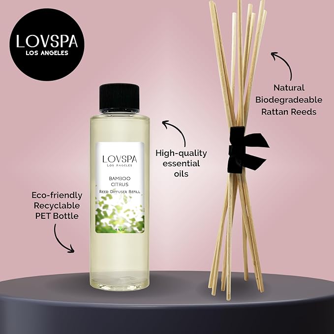 LOVSPA Bamboo Citrus Diffuser Oil - Luxury Essential Oils for Diffuser Refill & Air Freshener Room Spray - Long-Lasting & Natural Home Fragrance, Scented Oil for Diffusers, USA Made, 4oz
