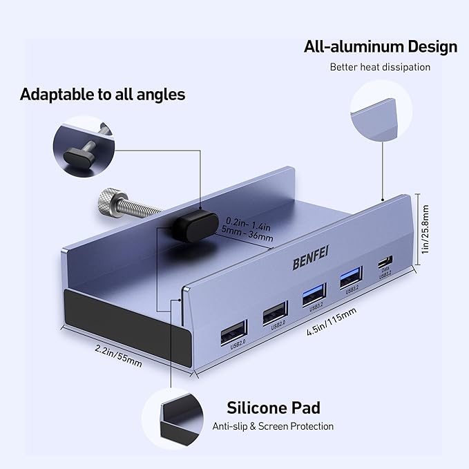 BENFEI 8-in-1 USB C Hub with Secure Clamp – Features 4K@60Hz HDMI, Gigabit Ethernet, 100W PD, 10Gbps 1x USB-C, 2 x USB-A 3.2, 2 x USB-A 2.0 Compatible with MacBook, iPad Pro, iMac, S23, XPS17