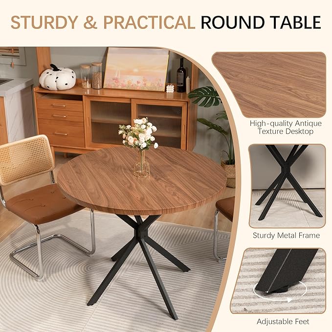 Round Dining Table, 39 Inch Modern Round Walnut Dining Table with Black X Base, Kitchen Leisure Table for 4-5 People Small Space Dining Room, Apartment, Kitchen