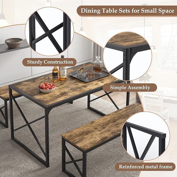 VECELO Kitchen Dining Table Benches Set for 4, 55" Wooden Dinette with 2 Benches, Heavy-Duty Dining Room Table for Small Space, Breakfast Nook, Brown