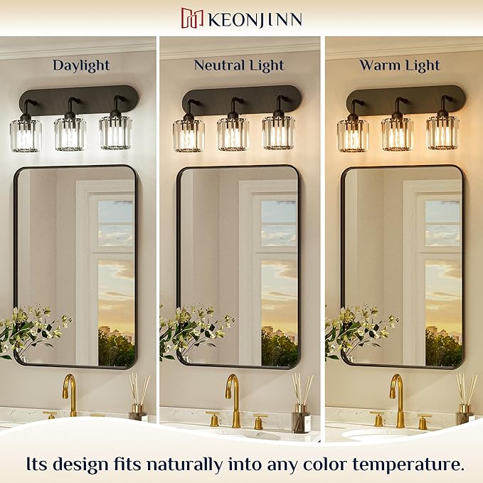 Keonjinn 6-Light Bathroom Light Fixtures, Crystal Black Bathroom Vanity Lights Over Mirror, Vanity Lighting Fixtures with Crystal Square Shades (E26 Socket, Exclude Bulb)