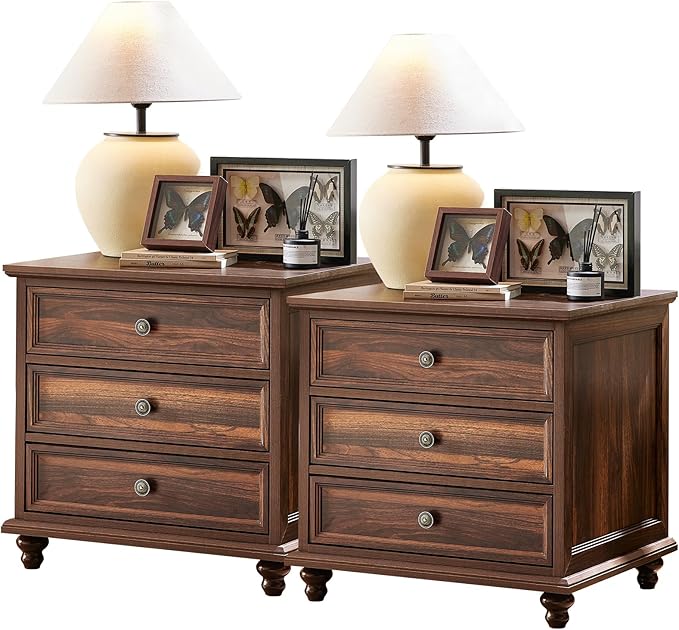 24" Wide Farmhouse Night Stand Set of 2,Large End Table with 3 Drawers & Metal Handle,Brown Wood Dresser for Bedroom Cabinet, Bed Side Table Chest of Drawers,Nightstand for Living Room,Closet