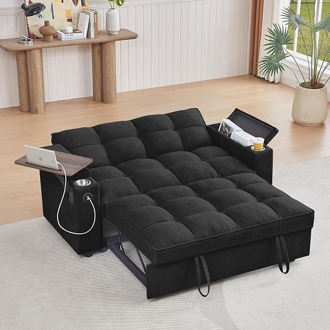 65'' Convertible Sleeper Sofa Bed with Adjustable Backrest, Chaise Lounge, Side Table & USB/Type-C Ports – Stylish & Functional Addition to Any Living Room (Black)