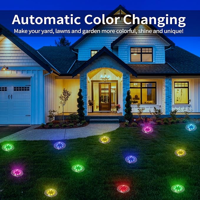LYHOPE Solar Ground Light Outdoor, 16 Pack 8 LED Color Changing Solar Disk Lights Waterproof Garden In-ground Pathway Lights Landscape Lighting for Lawn,Yard,Deck,Patio,Walkway (RGB)
