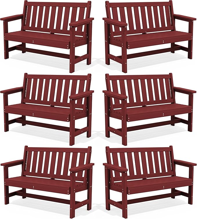 SERWALL Outdoor Bench, HDPE Outdoor Benches Weatherproof, 2-Person Garden Bench with 660 lbs Weight Capacity, Patio Benches for Outdoors, Garden, Porch, Backyard and Park, Red, 6 Pack